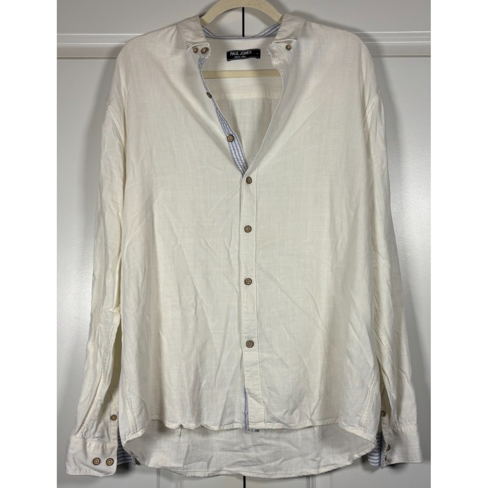 Paul Jones Mens Button-Down Shirt Ivory Linen Blend Long Sleeve Casual Preppy L